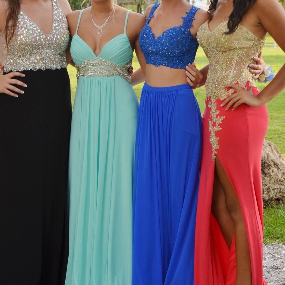 two piece electric blue prom dress